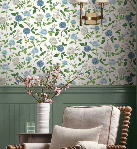 Roses Wallpaper - White & Blue