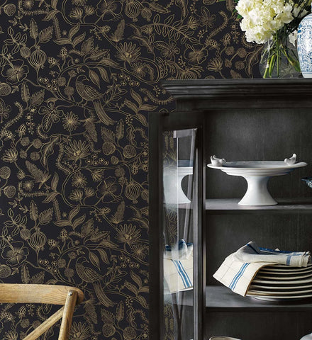 Aviary Peel & Stick Wallpaper - Metallic Gold & Black