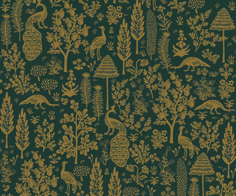 Menagerie Toile Wallpaper - Emerald & Metallic Gold