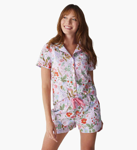 Poplin Button Front Short Set - Strawberry Fields