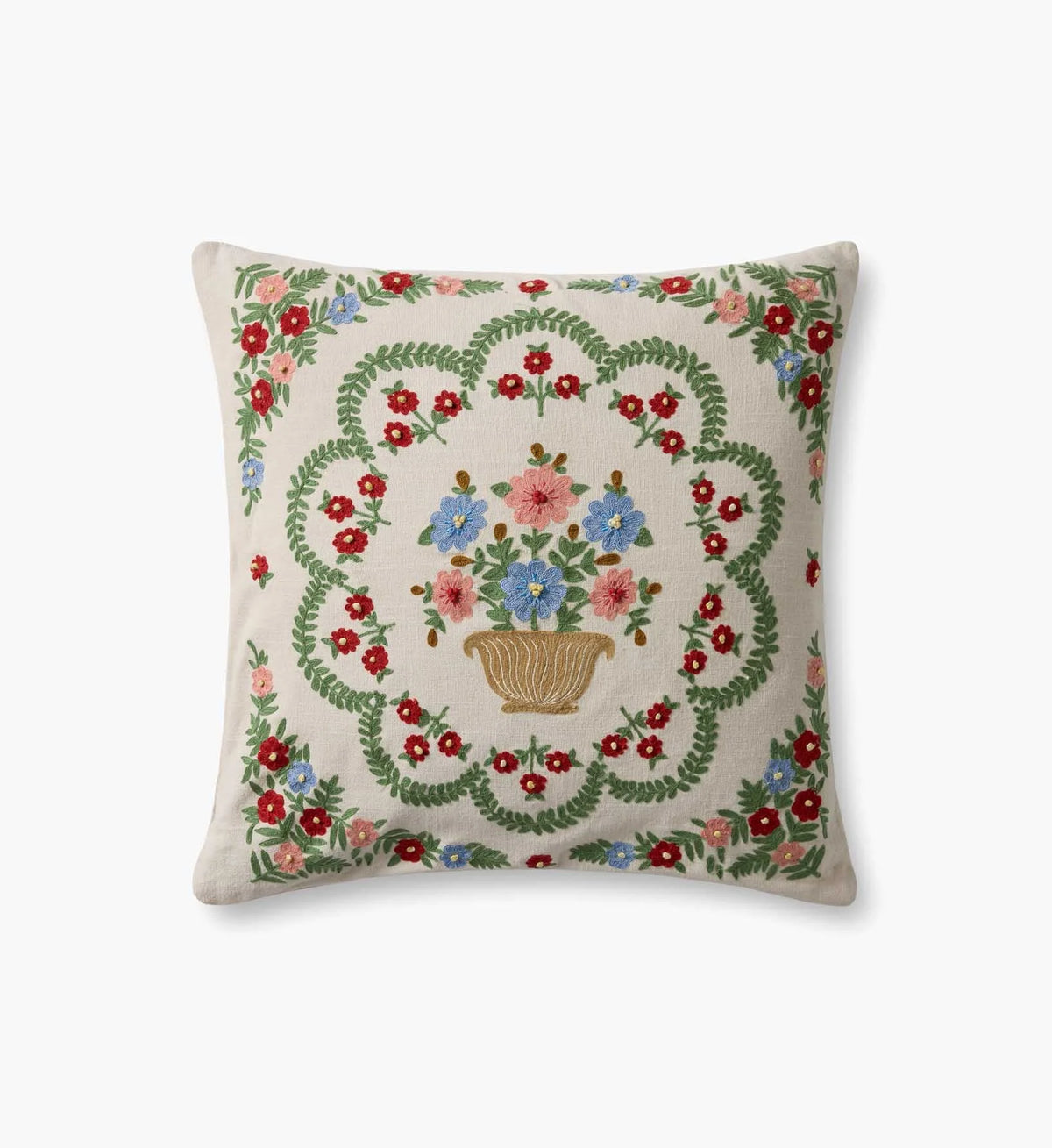 Rosette Vase Embroidered Pillow - Ivory