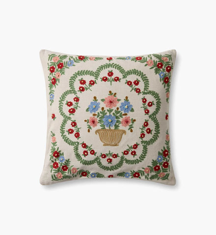 Rosette Vase Embroidered Pillow - Ivory