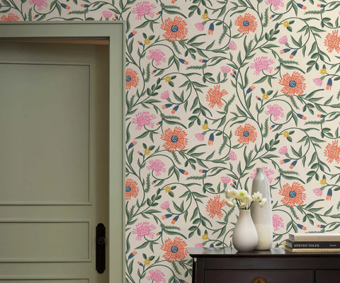 Aster Wallpaper Sample - Linen & Coral