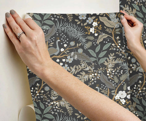 Peacock Garden Peel & Stick Wallpaper - Black