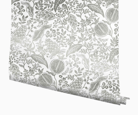 Pomegranate Wallpaper - White & Metallic Silver