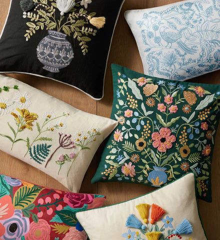 Aviary Embroidered Lumbar Pillow - Blue